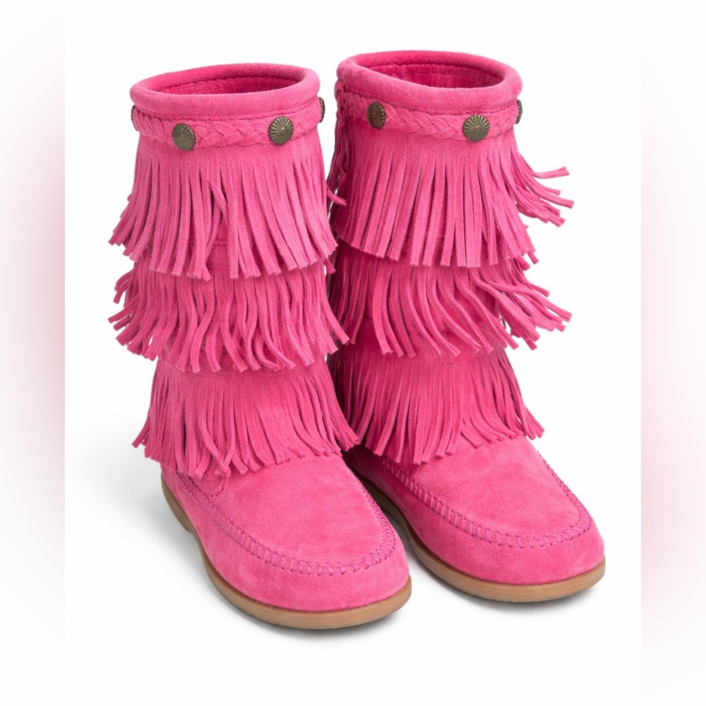 Minnetonka Pink Fringe Boots Kids Size‎ 3 Boho Western Barbiecore Suede